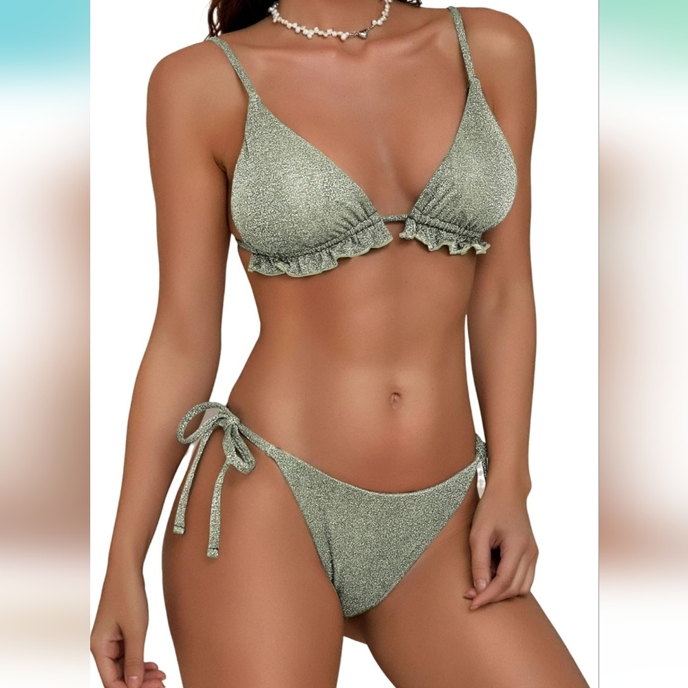 NWT ZAFUL Women's Bikini  Two Piece Swimsuit Ruffles Metallic Shiny Halter top